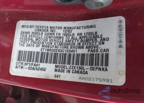 2003 Toyota Corolla Le z USA, uszkodzony, nr VIN 2T1BR32E63C123451